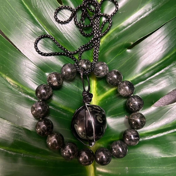 GORGEOUS KAMBABA JASPER wire wrapped crystal pendant & chunky bracelet set - Picture 1 of 5